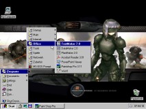 Mein Windows 3.1 Desktop mit Calmira als Shell (neue Version mit Schnellstartleiste und anderen Desktopicons) und einem Hintergrundbild (32 Farben)